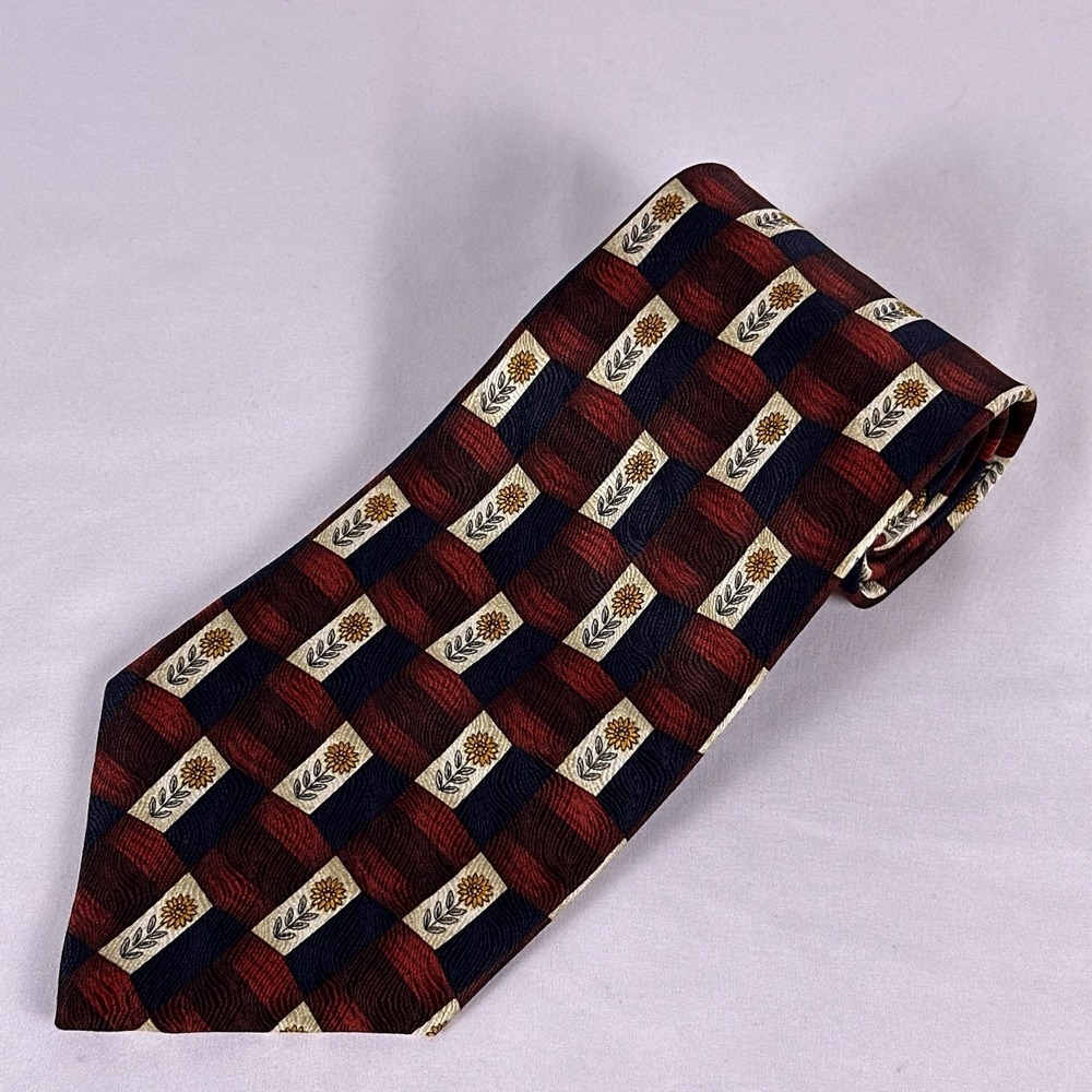 Paul Fredrick Silk Tie Vintage Sunflowers Red Navy Handmade in USA 4" W 57" L